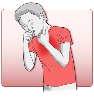 Boy in a red shirt having trouble breathing.