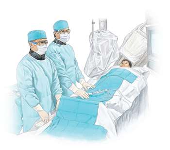 During a diagnostic cardiac catheterization procedure, the cardiologist can view the inside of your child’s heart on a screen. Boy lying on table under surgical drapes. Two health care providers in surgical gowns, masks, and gloves are holding catheter and watching monitor.