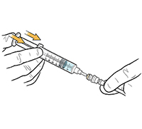 Closeup of hands injecting fluid into injection port.