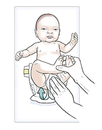 Hands bringing diaper up between infant's legs.