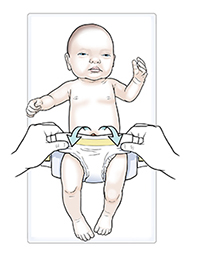 Hands folding top of diaper down below umbilical cord.