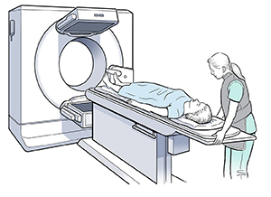 Healthcare provider preparing woman for scan.