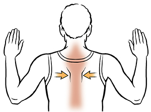 Man from back with elbows bent, doing shoulderblade squeeze exercise.