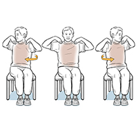 Man sitting in chair doing body twist exercise.