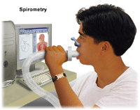 Person breathing into a spirometer.