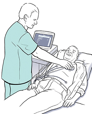 Technician using holding wand against man's chest to check pacemaker.