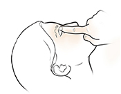 Woman leaning head back with closed eye, pressing finger between eye and nose.
