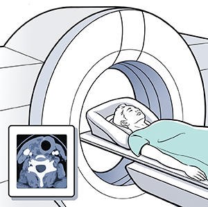 Woman lying on CT scan table. Inset shows CT scan.