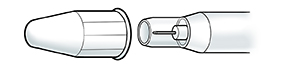 Closeup of safety injection pen tip showing outer cap and syringe tip with fixed inner needle shield.