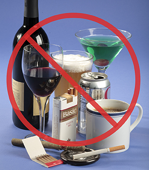 Wine, beer, soda, coffee, cigarettes, cigar, and cocktail with red circle and slash on top indicating don't use.