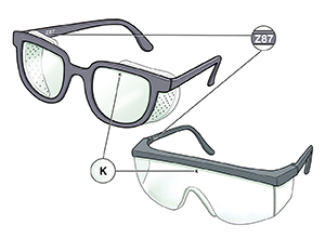 Safety glasses and prescription safety glasses showing frame imprint and lens safety marking.