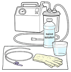 Supplies for suctioning tracheostomy tube.