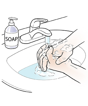 Black and white illustration of wearing washing up glove to