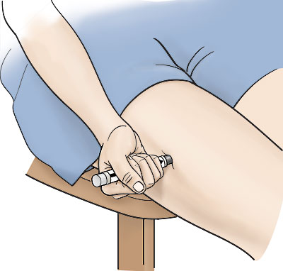 Injecting the epinephrine autoinjector against the outside of your thigh