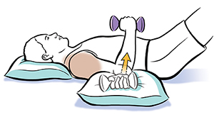 Man lying on back doing internal rotation shoulder exercise with hand weight. 