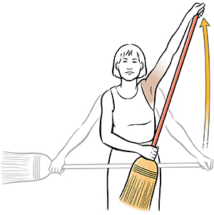 Woman doing broom stretch shoulder exercise.