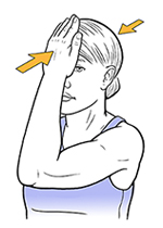 Woman holding hand to forehead doing neck isometric exercise.