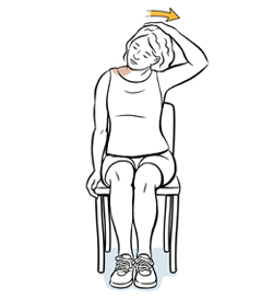 Woman sitting in chair doing tension release neck exercise.