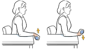 Woman sitting in chair with arm on table doing wrist extension exercise with hand weight.